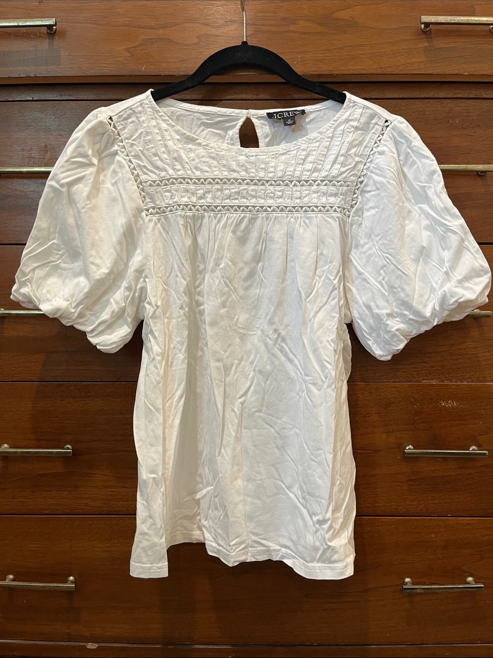 J. Crew Off-White Puff-Sleeve Embroidered Yoke Top
